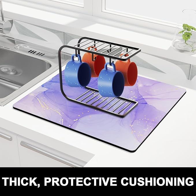 Rnivvi Dish Drying Mat for Kitchen Counter, 16 x 18" Cute Marble Theme Absorbent Heat Resistant Drying Pad with Non-slip Rubber, Coffee Bar Mats for Coffee Machine Dish Rack Kitchen Decor, Purple - Image 2