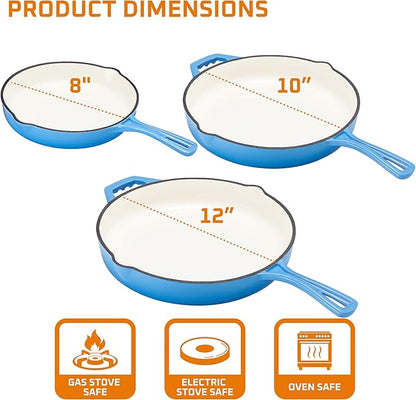 Bruntmor Enameled Cast Iron Frying Pan Set - 8" 10" 12" Blue Enamel Nonstick Skillets with Tempered Glass Lid - Oven Safe Egg and Grill Pan Set for Cooking, Searing, and Frying