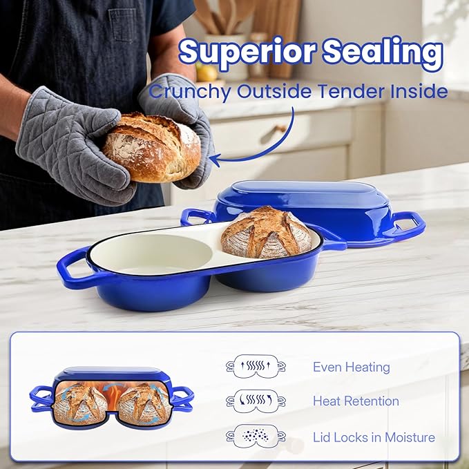 YONILL Mini Double Dutch Oven for Sourdough Bread Baking - Enameled Cast Iron Dutch Oven Pot with Lid and 5" Banneton Bread Proofing Basket Kit, Dual Round Bread Loaf Pan for Homemade Baking (Dark Blue) - Image 4