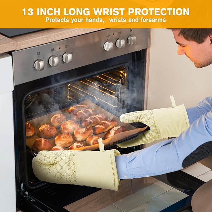 6 Pcs Oven Mitts and Pot Holders, 500℉ Heat Resistant Oven Mitts with Kitchen Towels Soft Cotton Lining and Non-Slip Silicone Surface Safe for Baking, Cooking, BBQ (Milkshake/Beige) - Image 4