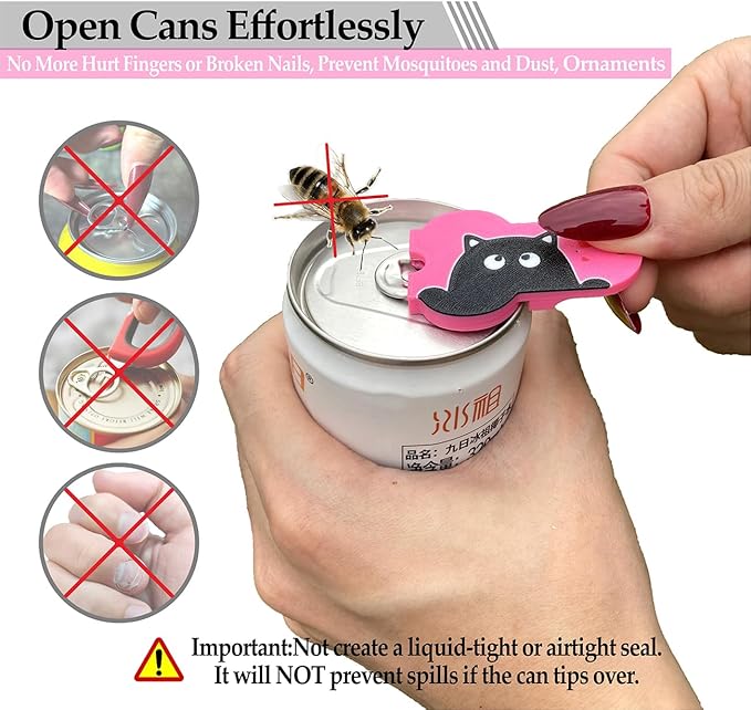 Soda Can Tab Opener Mini Soda Can Cover Easy Tab Opener and Drink Protector Cute Beverage Barricade Soda Protector for Beer,Coke,Aluminum Cans at Party,BBQ, Beach(Cat Face Rose Red)