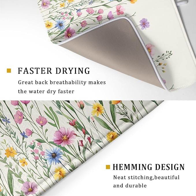 Giwawa Spring Floral Dish Drying Mat 18"x24" Watercolor Summer Wildflower Dish Drainer Mats Herb Flower Reversible Absorbent Dish Drying Pad Decor for Kitchen Countertop Dining Room