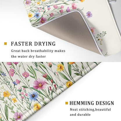 Giwawa Spring Floral Dish Drying Mat 18"x24" Watercolor Summer Wildflower Dish Drainer Mats Herb Flower Reversible Absorbent Dish Drying Pad Decor for Kitchen Countertop Dining Room