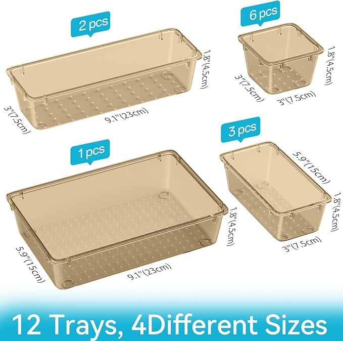 ElegantArray 12 PCS Drawer Organizer Set, 4 Sizes Tool Storage Trays, Clear Plastic Makeup Vanity Organizer and Storage Bins for Stationeries, Multiple Gadgets for Office, Bedroom, Champagne - Image 4