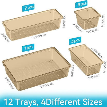 ElegantArray 12 PCS Drawer Organizer Set, 4 Sizes Tool Storage Trays, Clear Plastic Makeup Vanity Organizer and Storage Bins for Stationeries, Multiple Gadgets for Office, Bedroom, Champagne - Image 4