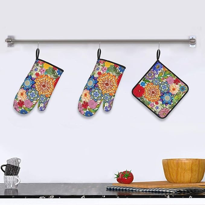 Boho Floral Oven Mitts and Pot Holders Sets of 3, Colorful Flowers Heat Resistant Kitchen Gloves Hot Pads, Chef Baking Gifts for Baker Women Mom Wife, Spring Easter Kitchen Gifts for Cooking Lover - Image 2