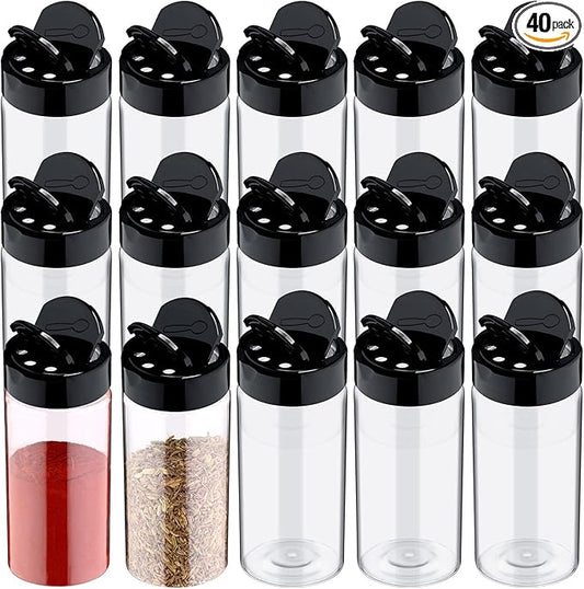 Mimorou 40 Pack Plastic Spice Jar with Shaker Lids Seasoning Containers 3.5 oz Plastic Spice Container with Black Lids Seasoning Jars for Kitchen Storing Powder
