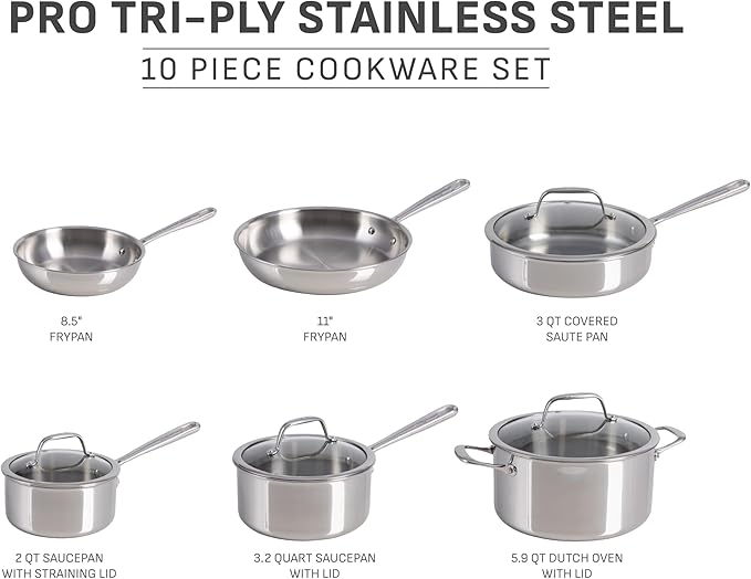 T-fal Pro Tri-Ply Stainless Steel Cookware Set, 10 Piece-Induction Compatible, Oven Safe 500F, Lids-350F, Even Heat, Professional Quality, Durable, Induction Pots and Pans Set, Silver - Image 2