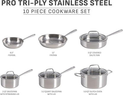 T-fal Pro Tri-Ply Stainless Steel Cookware Set, 10 Piece-Induction Compatible, Oven Safe 500F, Lids-350F, Even Heat, Professional Quality, Durable, Induction Pots and Pans Set, Silver - Image 2