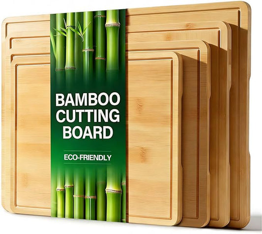 Zarler Bamboo Cutting Boards for Kitchen, 4 Piece Durable Wood Cutting Board with Juice Grooves and Handles, Wooden Chopping Board Set for Meal Prep, XL Size, Ideal Kitchen Gift by ZarlerOfficial