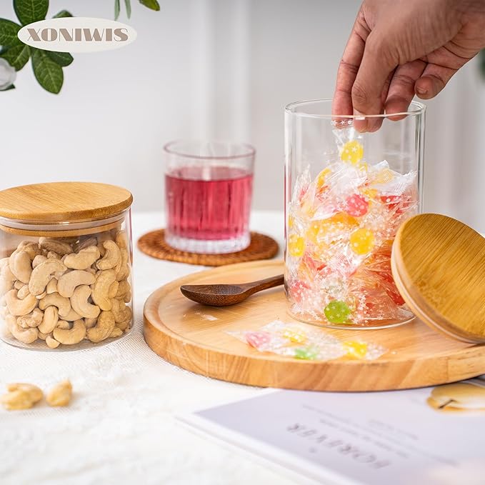 32oz 6PCS Round Airtight Glass Food Storage Jars, Clear Glass Food Storage Container with Bamboo Lid, Stackable Spice Jar, Kitchen Canister for Sugar, Tea, Coffee bean, Pasta, Oat, Spice