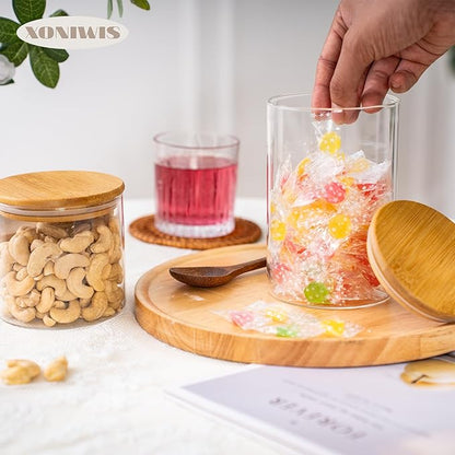 32oz 6PCS Round Airtight Glass Food Storage Jars, Clear Glass Food Storage Container with Bamboo Lid, Stackable Spice Jar, Kitchen Canister for Sugar, Tea, Coffee bean, Pasta, Oat, Spice