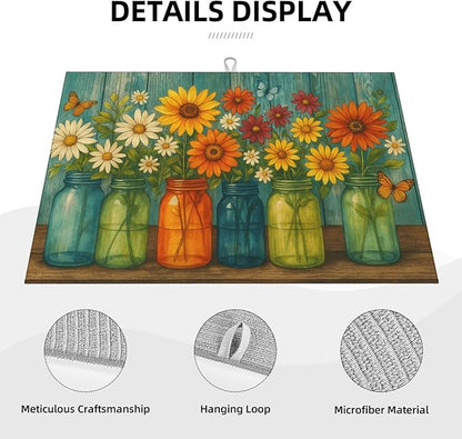 Rustic Vintage Flower Dish Drying Mats for Kitchen Counter, Large 18"x24" Dish Mats for Drying Dishes, Microfiber Absorbent Dish Drying Pad Rack Mat Kitchen Decor Reusable Washable