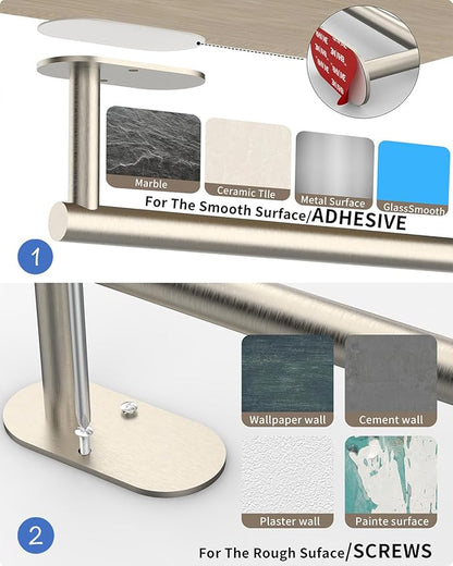 Paper Towel Holder Under Cabinet, Self Adhesive or Wall Mounted SUS304 Stainless Steel Paper Towel Holder for Kitchen, Bathroom(2 Towel Hooks, Silver) - Image 6