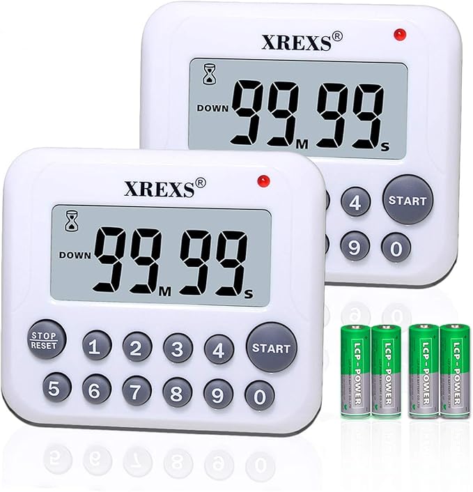 XREXS Digital Kitchen Timer Magnetic Countdown Up Cooking Timer Clock with Magnet Back and Clip, Loud Alarm, Large Display Minutes and Seconds Directly Input-White (2 Pcs, Battery Included) PS-367 by XREXS