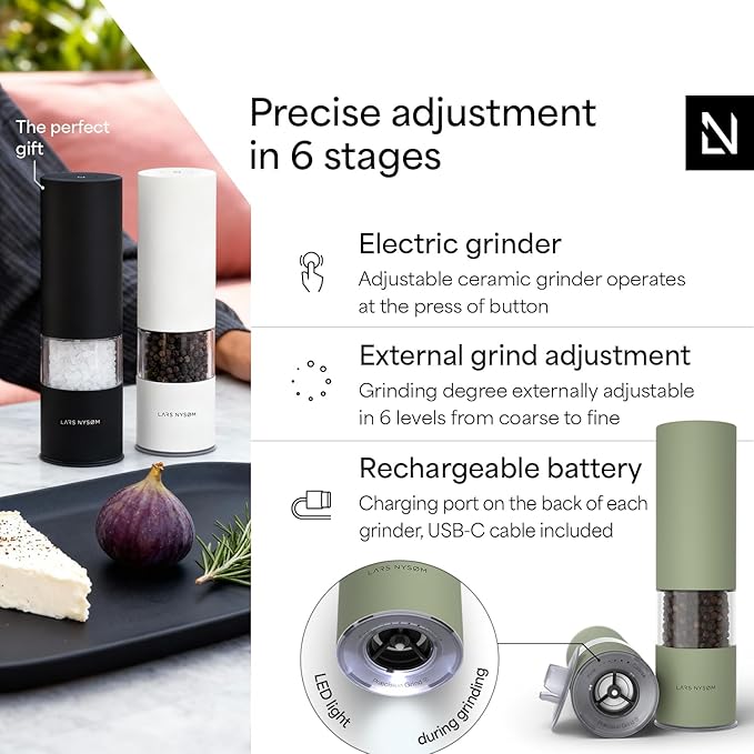 LARS NYSØM Electric Salt and Pepper Grinder Set I Automatic Salt and Pepper Mills with Adjustable Ceramic Grinder I USB Rechargeable Electric Spice Mill Set with LED Light (Sage Green) - Image 2