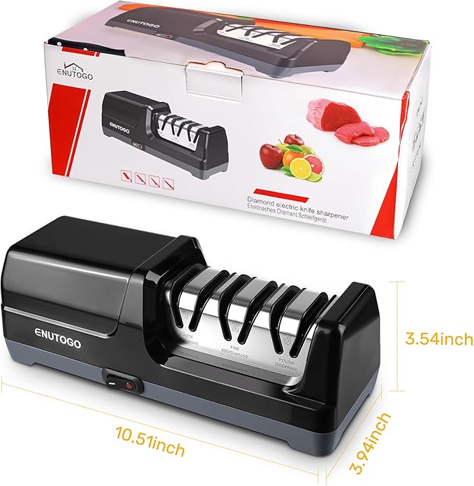 Enutogo Knife Sharpener, 3-Stage Electric Knife Sharpener for Kitchen Knives, 100% Diamond Abrasive with Quick Sharpening & Polishing, Professional Sharpening Tool with Metal Dust Collection Box - Image 7