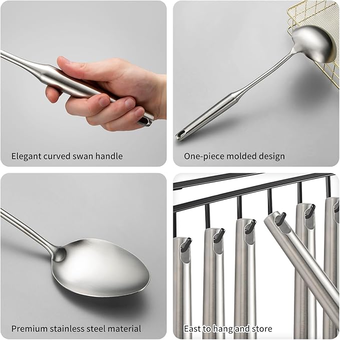 304 Stainlss Steel Kitchen Utensils Set, 11 Pcs Long Metal Cooking Utensil Gadgets Tools Set with Spatula, Ladle, Spoon, Ladle, Skimmer, Tunner, Pasta Server, Tongs(Silver, Dishwasher Safe) - Image 5