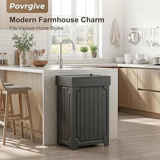 Povrgive Wood Trash Can Cabinet, 13 Gallon Hidden Kitchen Garbage Can with Lid, Farmhouse Dog Proof Trash Can, Metal Ring Included, 16" L x 13" W x 26.5" H, Black - Image 6