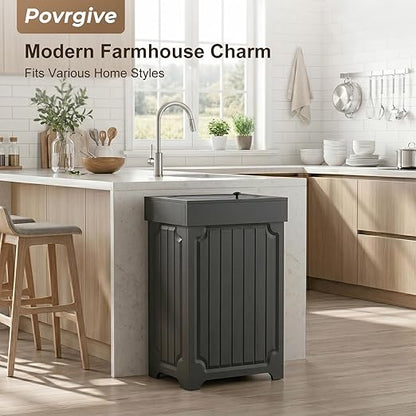 Povrgive Wood Trash Can Cabinet, 13 Gallon Hidden Kitchen Garbage Can with Lid, Farmhouse Dog Proof Trash Can, Metal Ring Included, 16" L x 13" W x 26.5" H, Black - Image 6