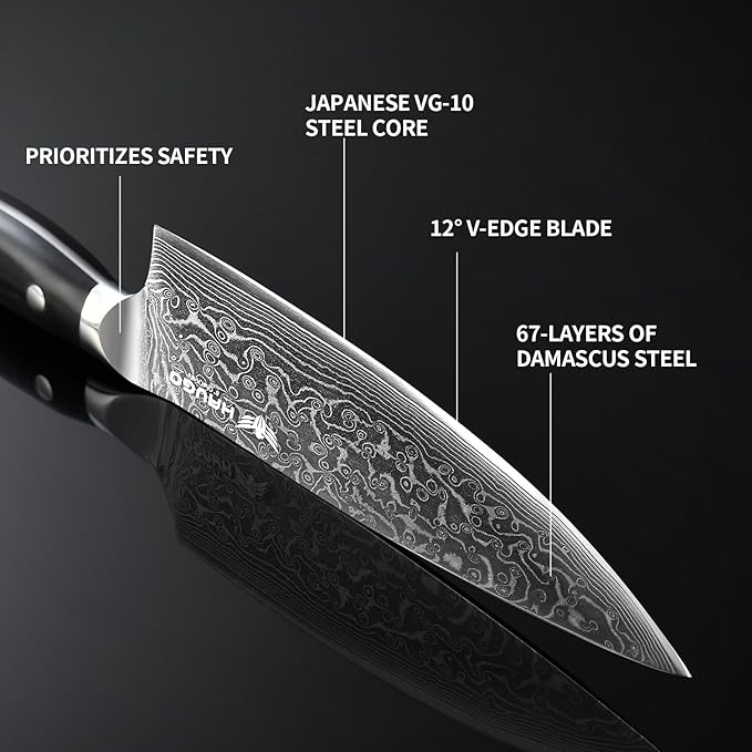 Damascus Knife Set - Haugo 3 PCS Professional Chef Knife Set with Japanese VG10 Steel Core - Ultra Sharp Kitchen Knives and Full Tang G10 Handle - Ronin Series - Gift Box