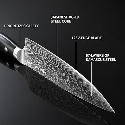 Damascus Knife Set - Haugo 3 PCS Professional Chef Knife Set with Japanese VG10 Steel Core - Ultra Sharp Kitchen Knives and Full Tang G10 Handle - Ronin Series - Gift Box