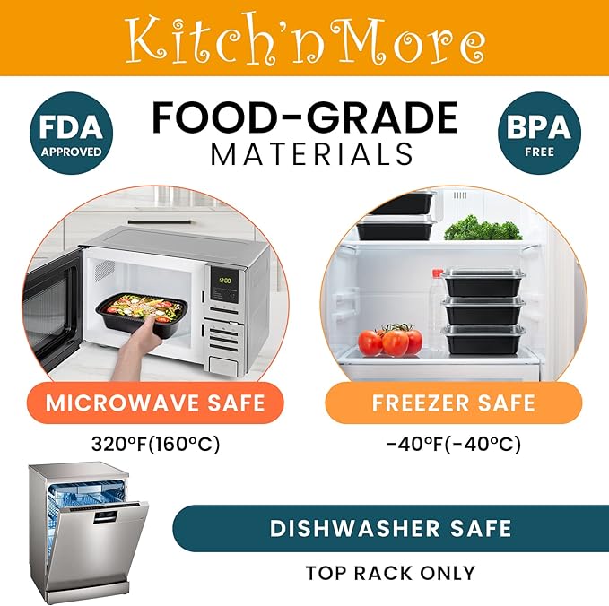 Kitch’nMore 38oz Meal Prep Containers, Extra Large &Thick Food Storage Containers with Lids, Reusable Plastic,Disposable Bento Box,Stackable,Microwave/Freezer/Dishwasher Safe, BPA Free (30Pack) - Image 4