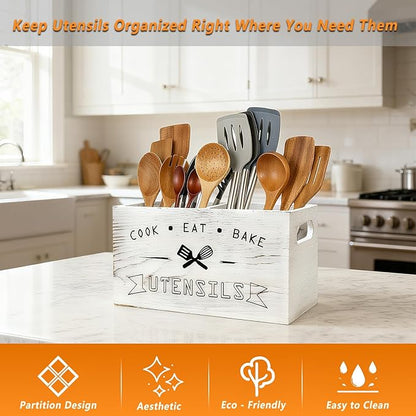 Large and Durable Retro White Wooden Kitchen Utensil Holder - Ideal Kitchen Counter Decor for Party, Counter & More （Retro White 4 Compartment）