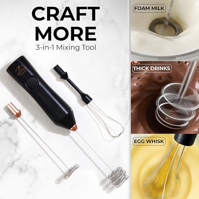 Zulay Kitchen Rechargeable Milk Frother - Dynamic - 3 Speeds, 3 Whisk Attachments, 500 mAh USB Charging, Drink Mixer For Latte, Cappuccino, Matcha, Protein Powder, Coffee Foam - Black Copper - Image 7