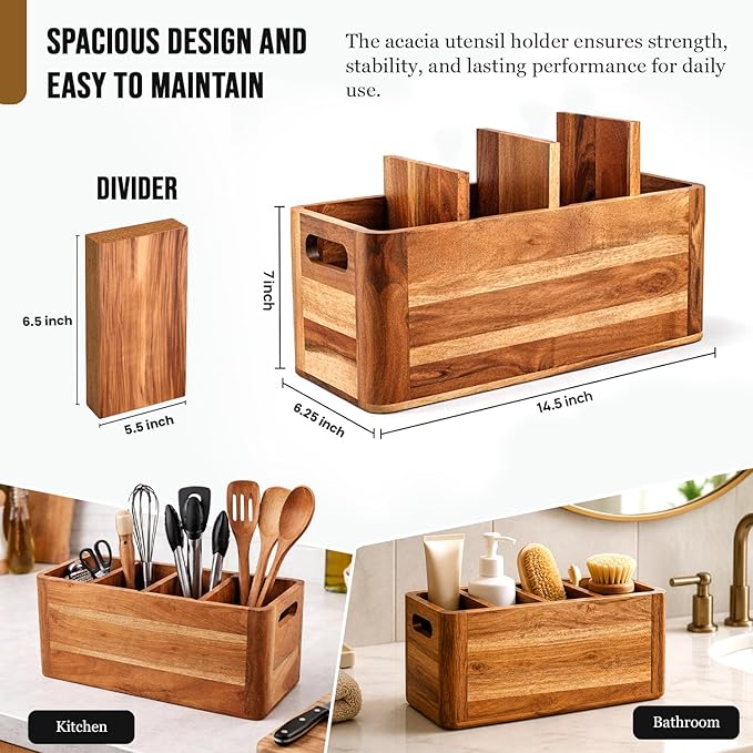 Wooden Caddy Utensil Holder - Premium Acacia Wood Utensil Caddy with Sturdy Design for Easy Organization - Perfect Kitchen Utensil Organizer for Counters, Dining Tables, and Everyday Use