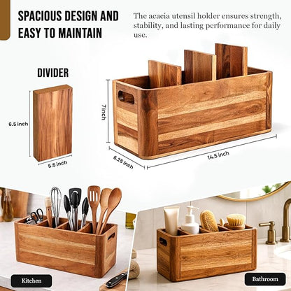 Wooden Caddy Utensil Holder - Premium Acacia Wood Utensil Caddy with Sturdy Design for Easy Organization - Perfect Kitchen Utensil Organizer for Counters, Dining Tables, and Everyday Use