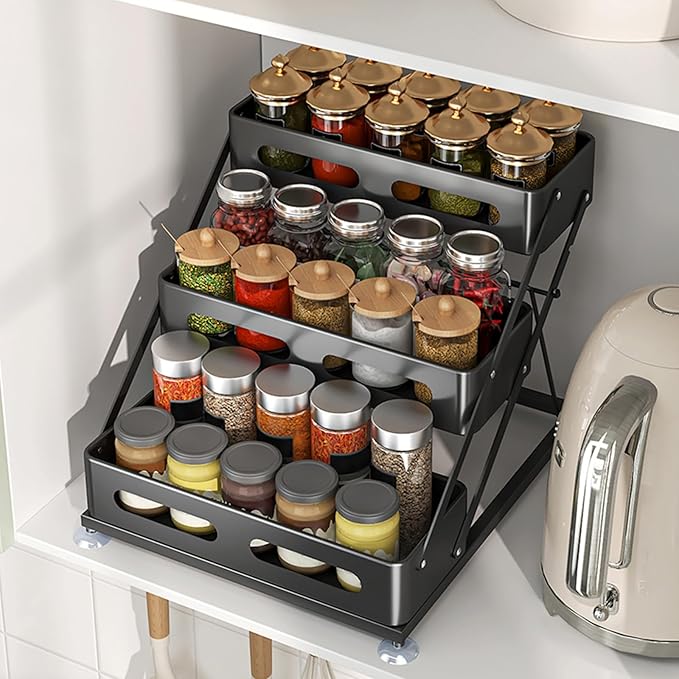 Ceetug 3 Tier Foldable Spice Rack for Countertop Iron Kitchen Seasoning Organizer for Cabinet, Black - Image 5
