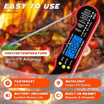 TRAUSI Instant Read Meat Thermometer, Fast & Accurate Digital Food Thermometer with Backlight, Waterproof & Magnet for Grilling, Cooking, BBQ, Smoker, Baking, and Candy Making Red - Image 4