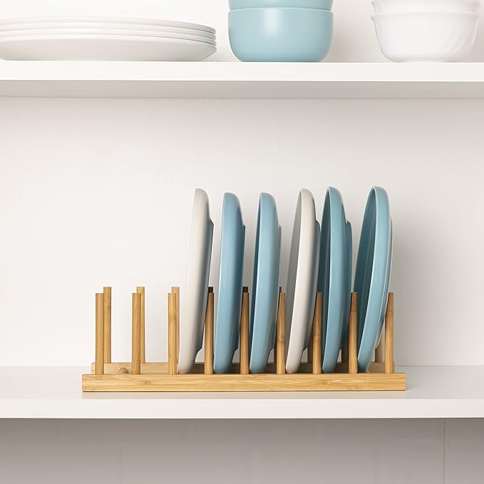 HBlife 4pcs Bamboo Dish Plate Bowl Cup Book Pot Lid Cutting Board Drying Rack Stand Drainer Storage Holder Organizer Kitchen Cabinet (Keep Dry) - Image 5