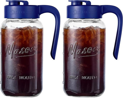 Mason Jar Pitcher - Airtight & Leakproof Glass Pitcher with Lid[set of 2], Perfect for Breastmilk, Cold Brew, and Sun Tea, 2 Quart (64 oz) Mason Jar with Pour Spout Lid by spreccio