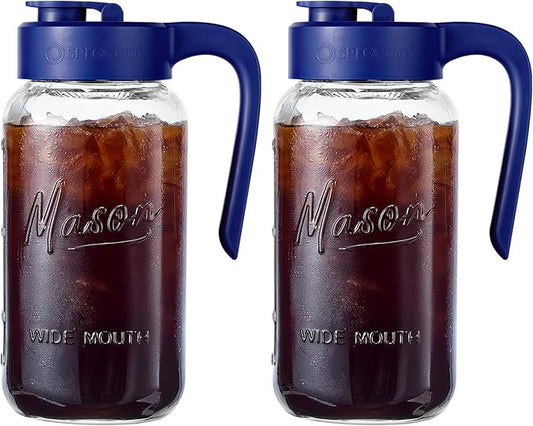 Mason Jar Pitcher - Airtight & Leakproof Glass Pitcher with Lid[set of 2], Perfect for Breastmilk, Cold Brew, and Sun Tea, 2 Quart (64 oz) Mason Jar with Pour Spout Lid by spreccio