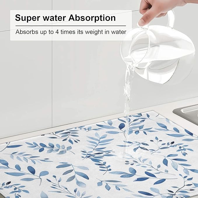 Blue Flower Dish Drying Mat For Kitchen Counter Absorbent Large Kitchen Fast Dry Pad Reusable Washable Protector Rack Large Mat 18 X 24