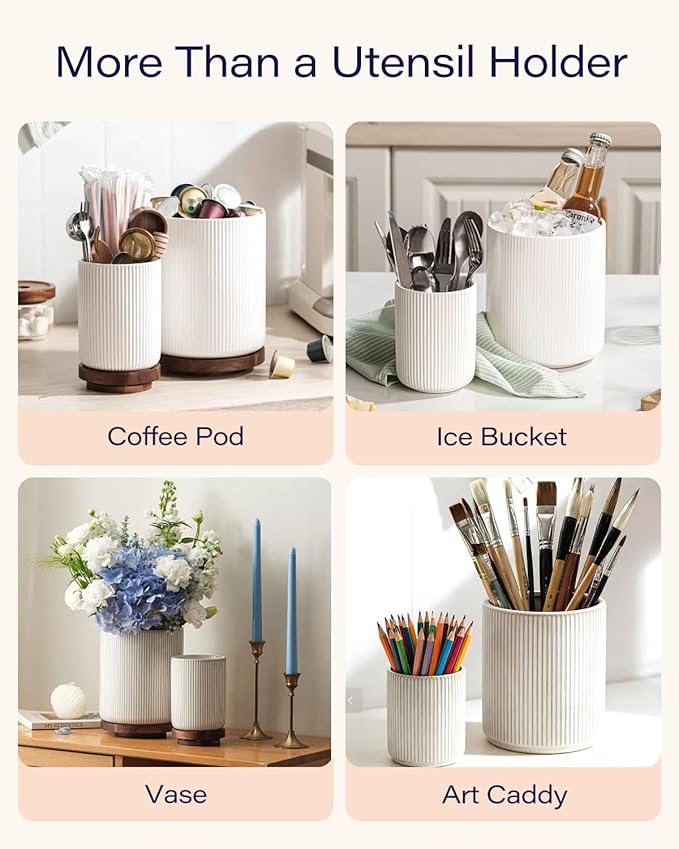 getstar Large Rotating Utensil Holder for Kitchen Counter,7.2"+5.4" Ceramic Utensils Crocks Set for Countertop Large & Small Utensil Organizer for Spatula Farmhouse Kitchen Decor - Image 8