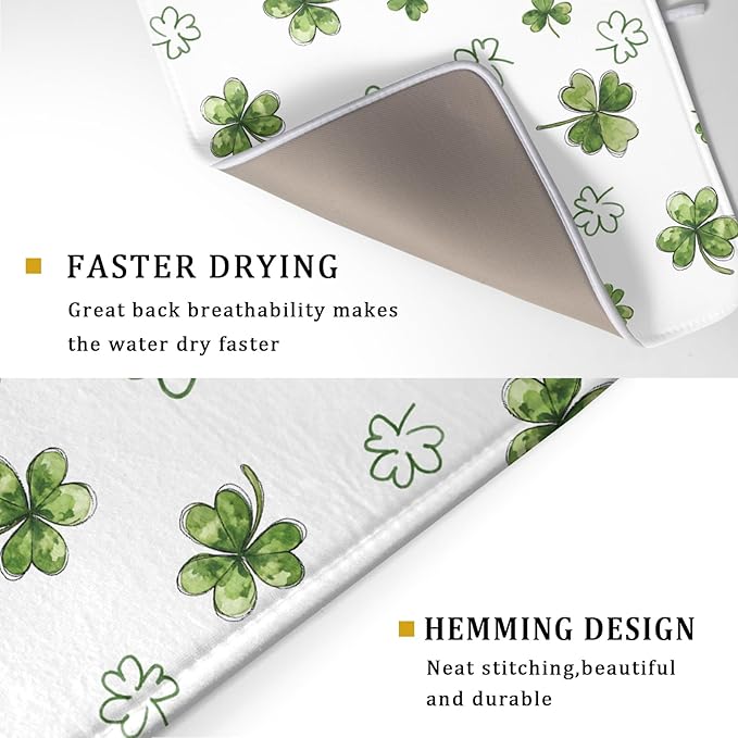 St Patricks Day Dish Drying Mat for Kitchen Counter Cute Shamrocks Holiday Microfiber Absorbent Dish Draining Reusable Washable Foldable Extra Large 18"x24" - Image 3