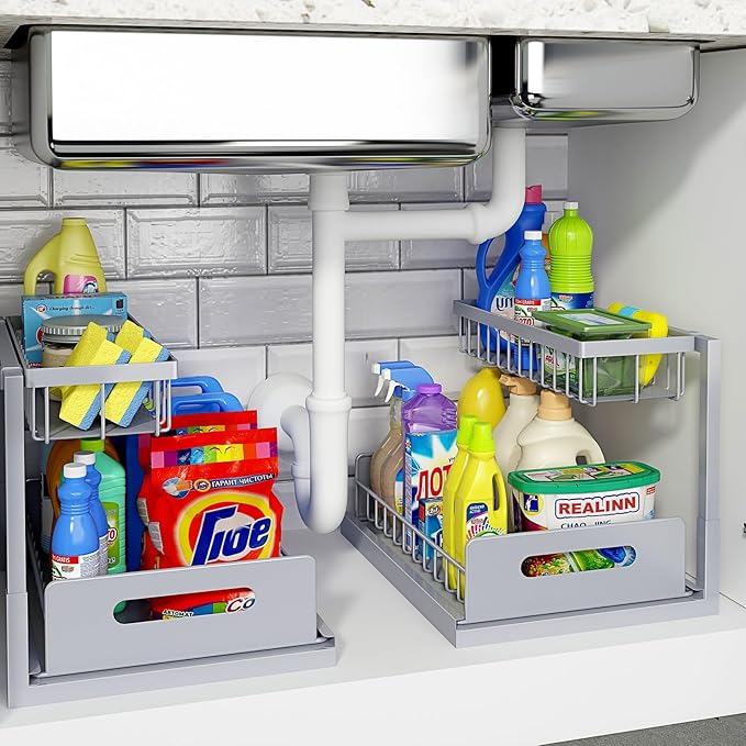 REALINN Under Sink Organizer, Pull Out Cabinet Organizer 2 Tier Slide Out Sink Shelf Cabinet Storage Shelves, Storage for Kitchen Bathroom, Grey, 2 Pack by REALINN