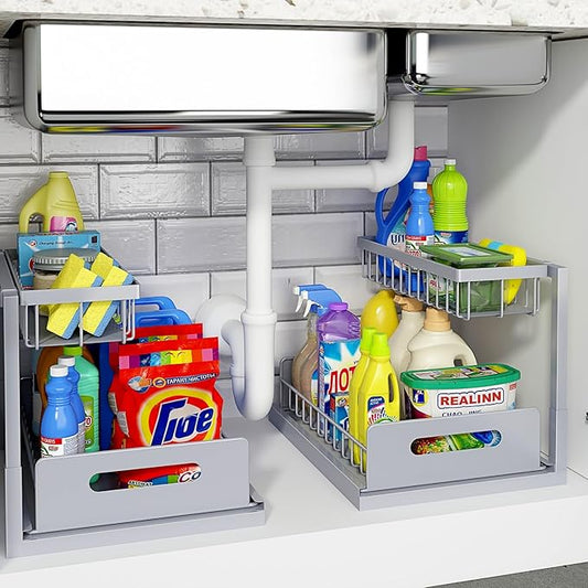 REALINN Under Sink Organizer, Pull Out Cabinet Organizer 2 Tier Slide Out Sink Shelf Cabinet Storage Shelves, Storage for Kitchen Bathroom, Grey, 2 Pack by REALINN