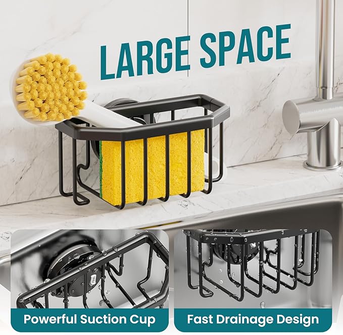 TAILI Sponge Holder with Strong Suction Cup, Dish Sponge Caddy Inside Sink Removable, Rustproof Aluminum for Sponges, Brushes, Stoppers and Scrapers - Black - Image 7