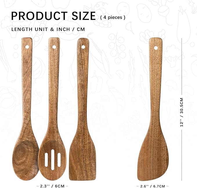Wooden Spoons for Cooking, 4-Piece Wood Utensil Set Includes Slotted Spoon, Spoon & Wooden Spatula for Cooking – Acacia Wood Kitchen Utensil Set – 12 Inch Hardwearing Tools - Image 2