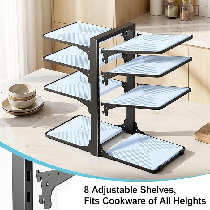 LAMU Pots and Pans Organizer under Cabinet, 8-Tier Heavy Duty Pan Organizers inside Cabinet, Adjustable Pot Rack for Small Kitchen Storage, 15" Height Holds Cast Iron Pans and Skillets Black - Image 4