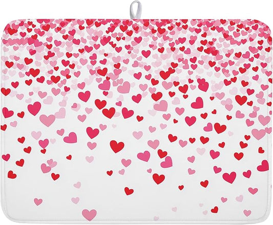 Valentine's Day Dish Drying Mat for Kitchen Counter Love Heart Kitchen Dish Drying Pad 18”x24” Absorbent Reversible Happy Valentine Dishes Drainer Pad Dish Drying Rack Mat for Countertop
