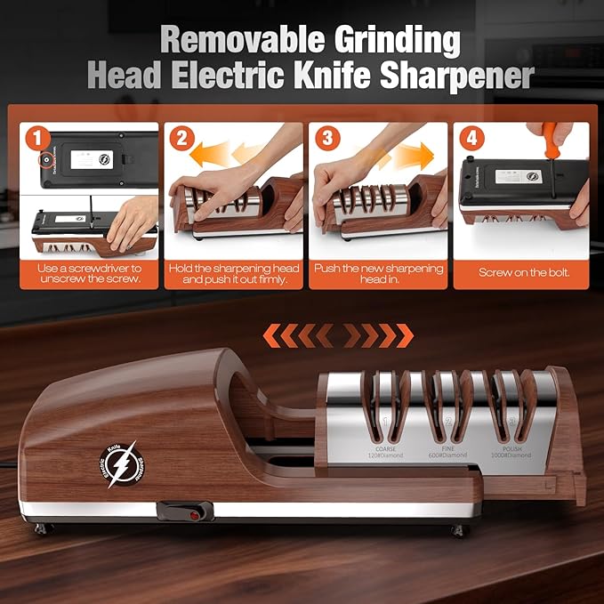 Replaceable Sharpener Electric Knife Sharpener, 3-Stage with 100% Diamond Abrasives & Precision Angle Guides, Kitchen Knife Sharpener with Sharpening and Polishing Function (Dark oak wood grain) - Image 3