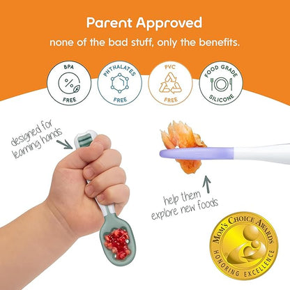 NumNum Baby Spoons Set, Baby Essentials Pre-Spoon GOOtensils for 6+ Months, First Stage Self-Feeding Spoons for Baby Led Weaning (BLW), Silicone Toddler Utensils, BPA-Free, 2 Pack Frosty Lilac/Rosebud - Image 8