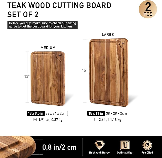 2 Pack Teak Cutting Board for Kitchen Wooden Chopping Board Charcuterie Board Non Slip Over Sink NOT Bamboo Stainless Steel Titanium Acrylic Acacia Olive Glass Plastic Silicone Metal - Image 3