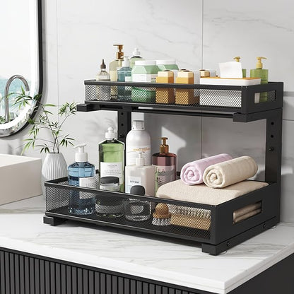 1 Pack 17IN Depth Under Sink Storage Organizer, Large 2-Tier Elegant Mesh Pull Out Shelf for Kitchen and Bathroom Cabinet Organization, L-Shaped and Adjustable Height Design-Black - Image 7