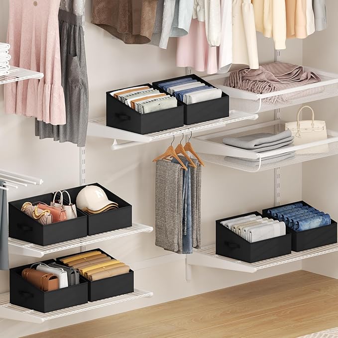 DIMJ Closet Storage Bins 8 Pack - Fabric Trapezoid Closet Organizer Bin, Foldable Storage Baskets for Shelves, Closet Shelf Organizer, Clothing Storage Box for Toys, Books, Towel, Clothes, Black - Image 6